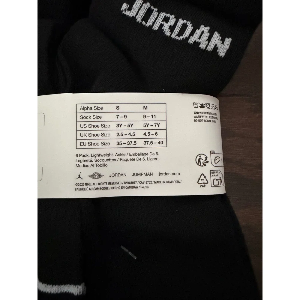 Jordan Jumpman Ankle Socks 6 Pack Black White Lightweight XJ0139-023 Medium